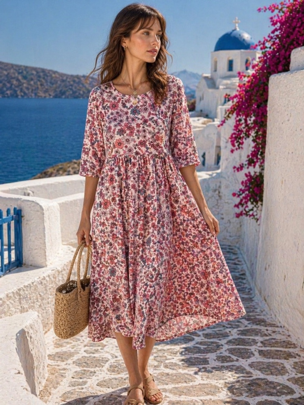 🌸 Women’s Floral Maxi Dress – Small, 3/4 Sleeves, Boho Modest Fall Style